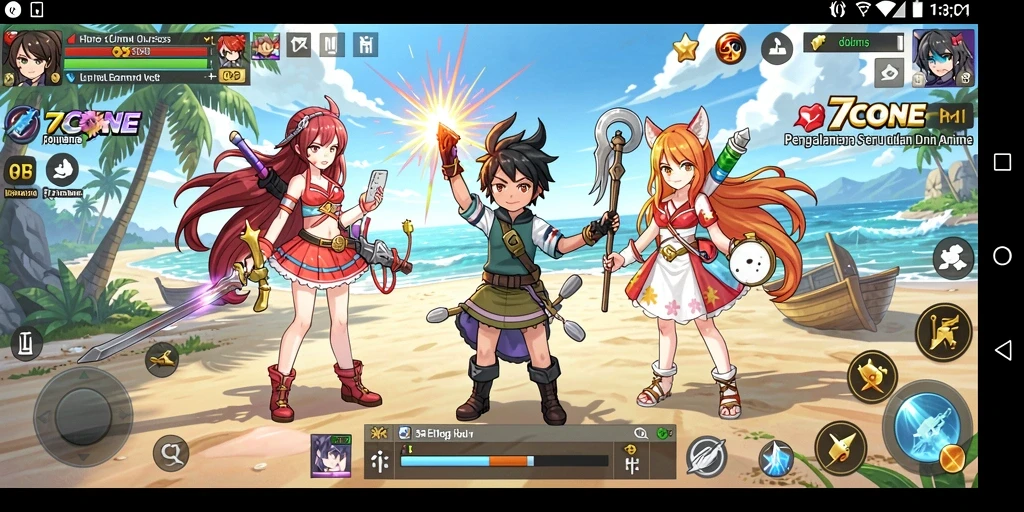 Tampilan gameplay 7CONE yang menarik dan penuh aksi anime.