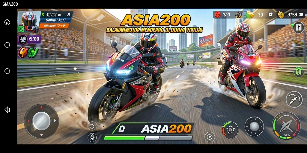 Tangkapan layar gameplay ASIA200 menunjukkan aksi balapan motor yang cepat.