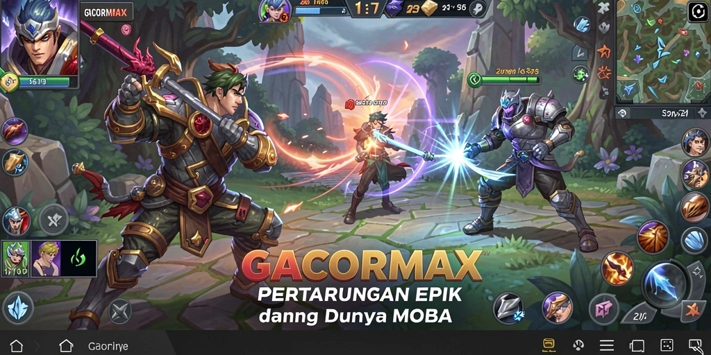 Tangkapan layar dari gameplay intens GACORMAX dalam pertempuran MOBA.