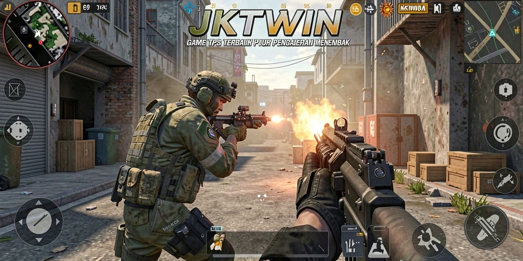 Screenshot gameplay JKTWIN menampilkan pertempuran intens dalam mode TPS.