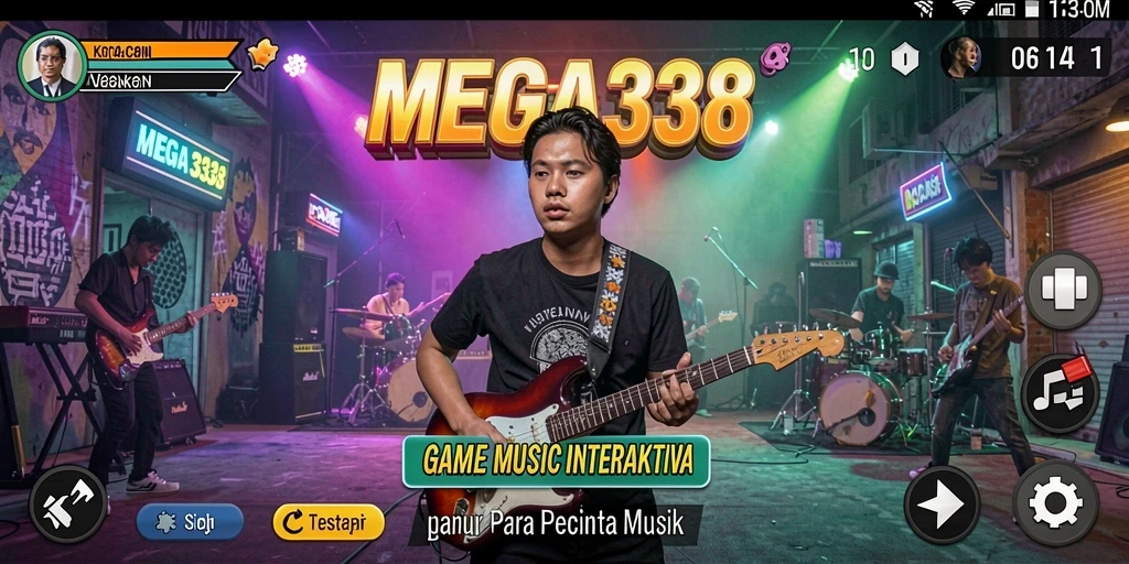 Tampilan gameplay MEGA338 dengan berbagai pilihan lagu musik.