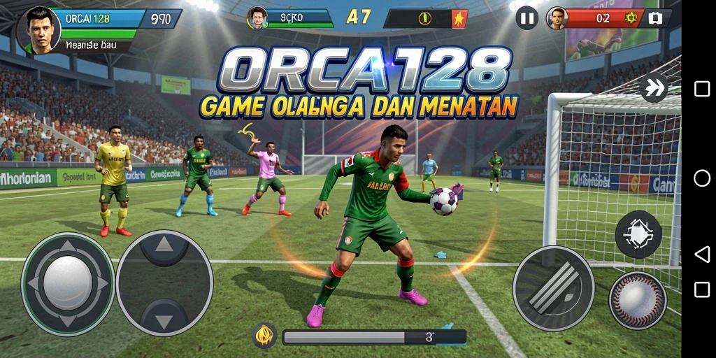 Tampilan layar permainan ORCA128 yang menampilkan aksi olahraga mendebarkan.