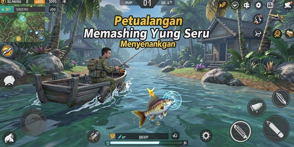 Screenshot gameplay RPVIP1 menunjukkan momen seru saat menangkap ikan di danau.